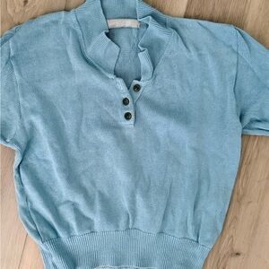 Vintage Blue Short Sleeve Knit Henley Sweater